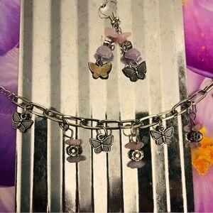 Hand Crafted Silver and Pink Butterfly Charm Bracelet matching earrings (BES002)